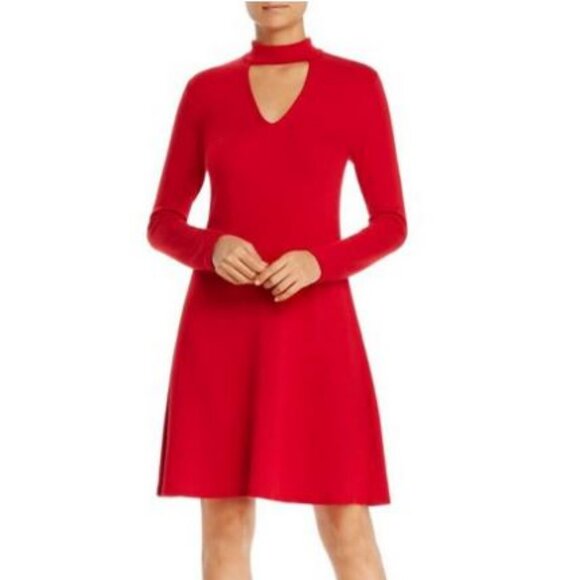 Express Red Long Sleeve Mock V Neck cutout Shift Dress Size Small - Picture 1 of 9